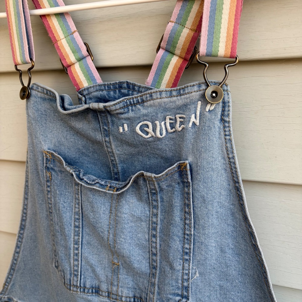 Target Pride Denim Short Overalls XXL Rainbow Queen Embroidered Raw Hem